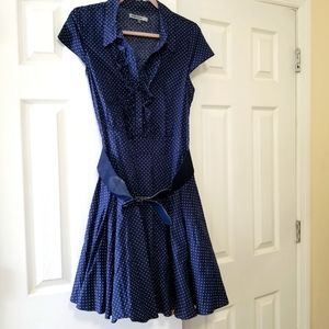 Navy & white polka dot belted A-line dress